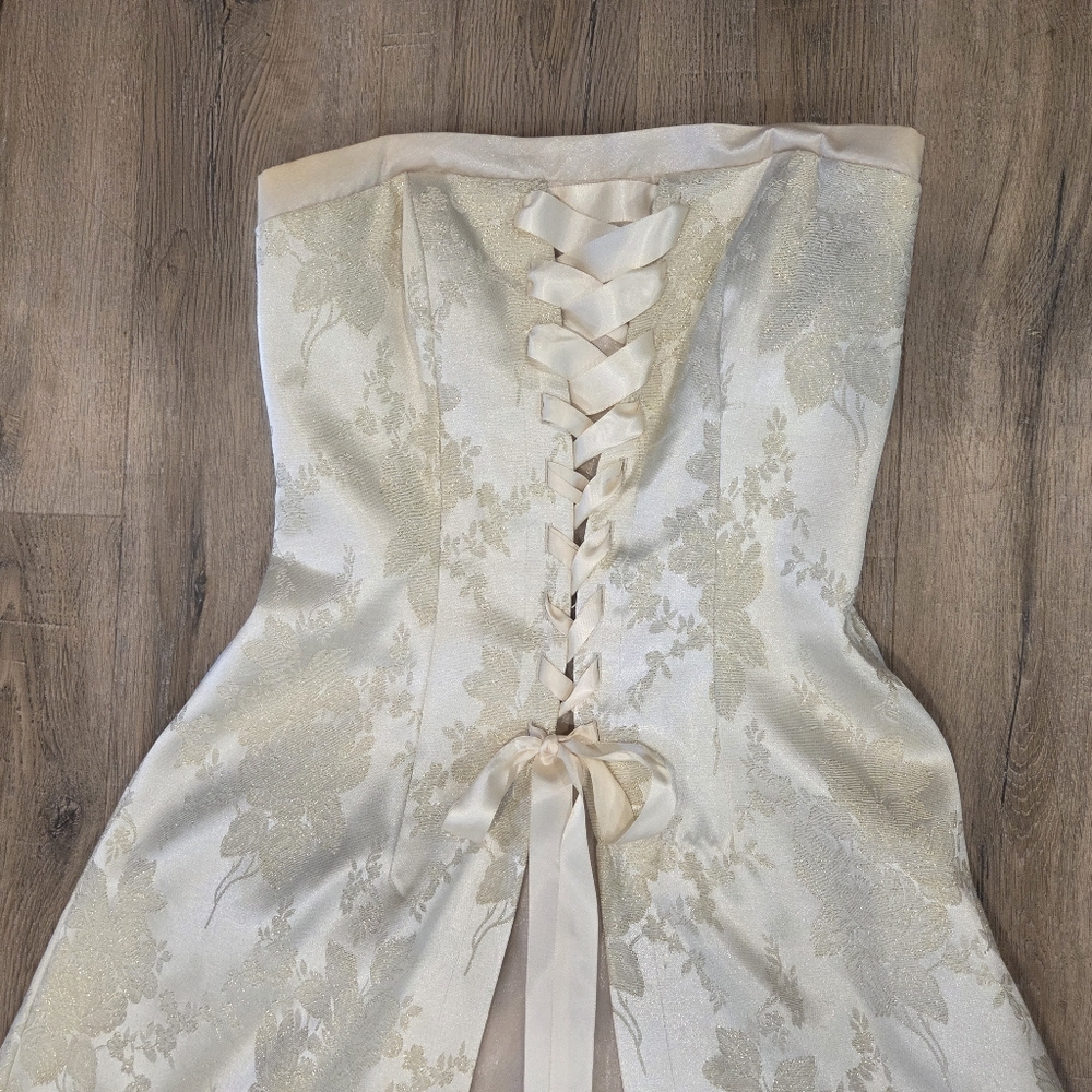 Vtg Ivory Brocade Masquerade  9/10 Wedding Formal Dress Strapless Corset Front - Picture 2 of 12